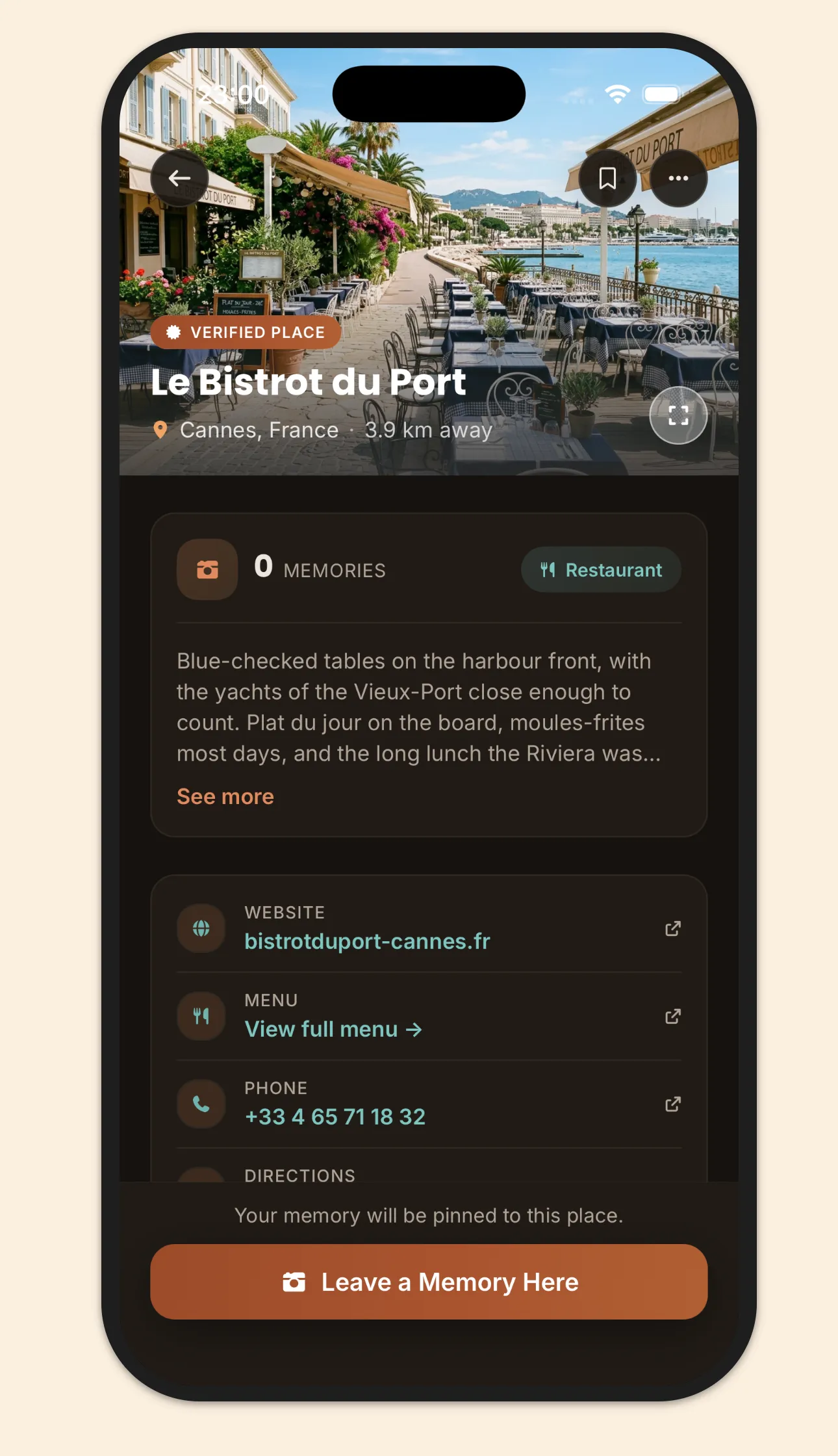 Le Bistrot du Port in dark mode — the approved listing with its Verified Place mark, description, and website, menu and phone links