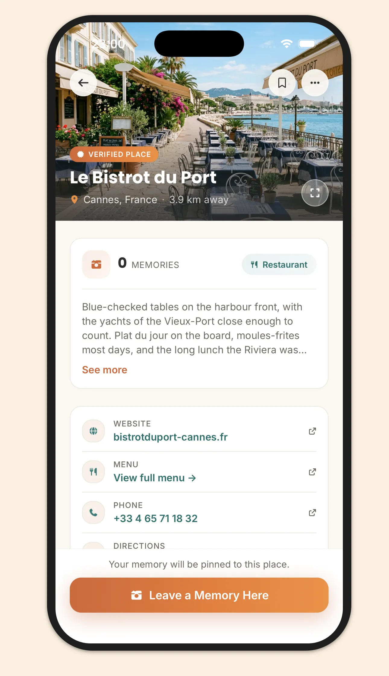The page for Le Bistrot du Port in Cannes — the harbour-front terrace with the Verified Place mark, the Restaurant category and description, then the website, menu and phone links, and the Leave a Memory Here button