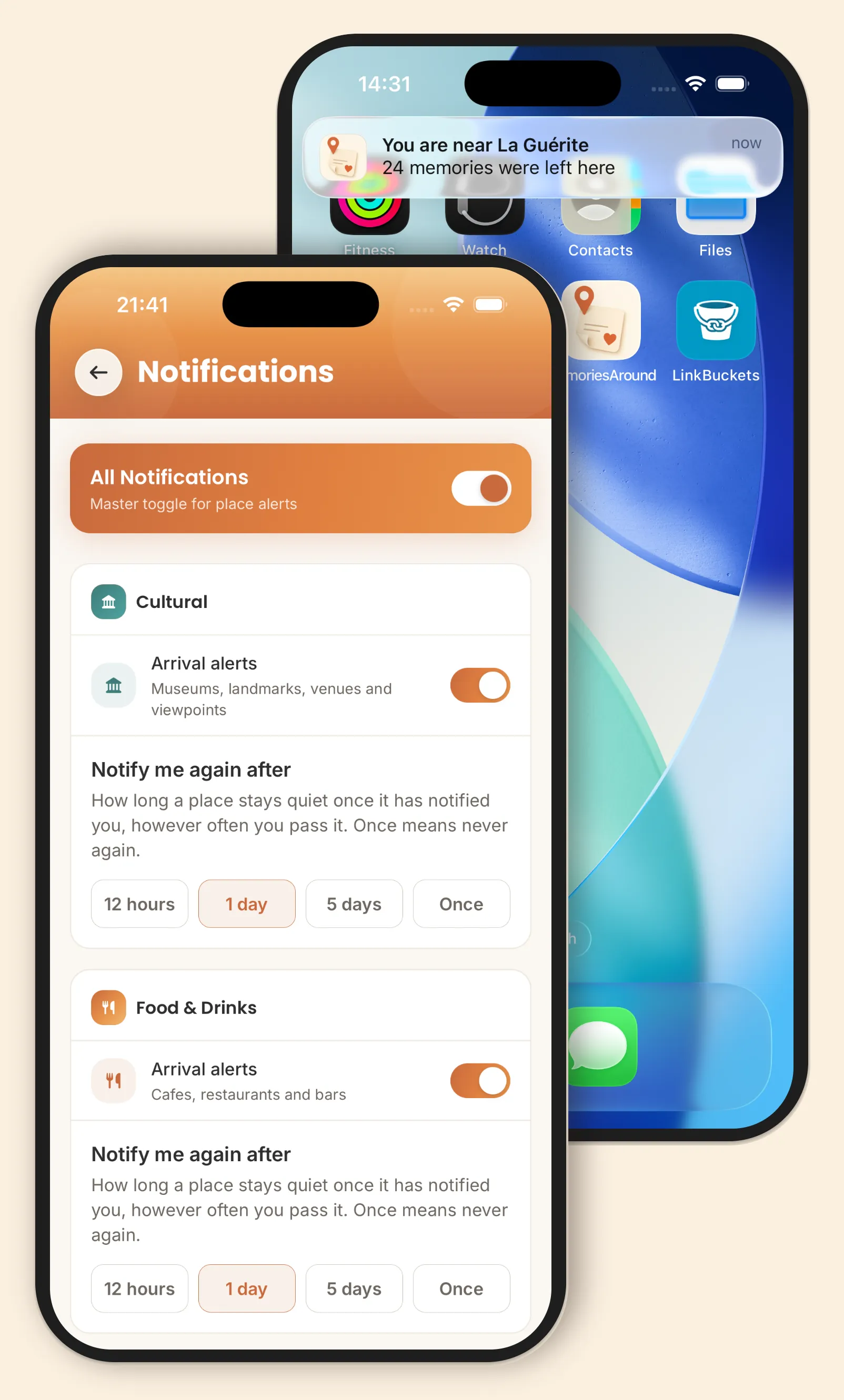 Two phones on a diagonal — in front, Notification settings with All Notifications on and arrival alerts for Cultural and Food & Drinks places; behind, the lock-screen alert “You are near La Guérite — 24 memories were left here”