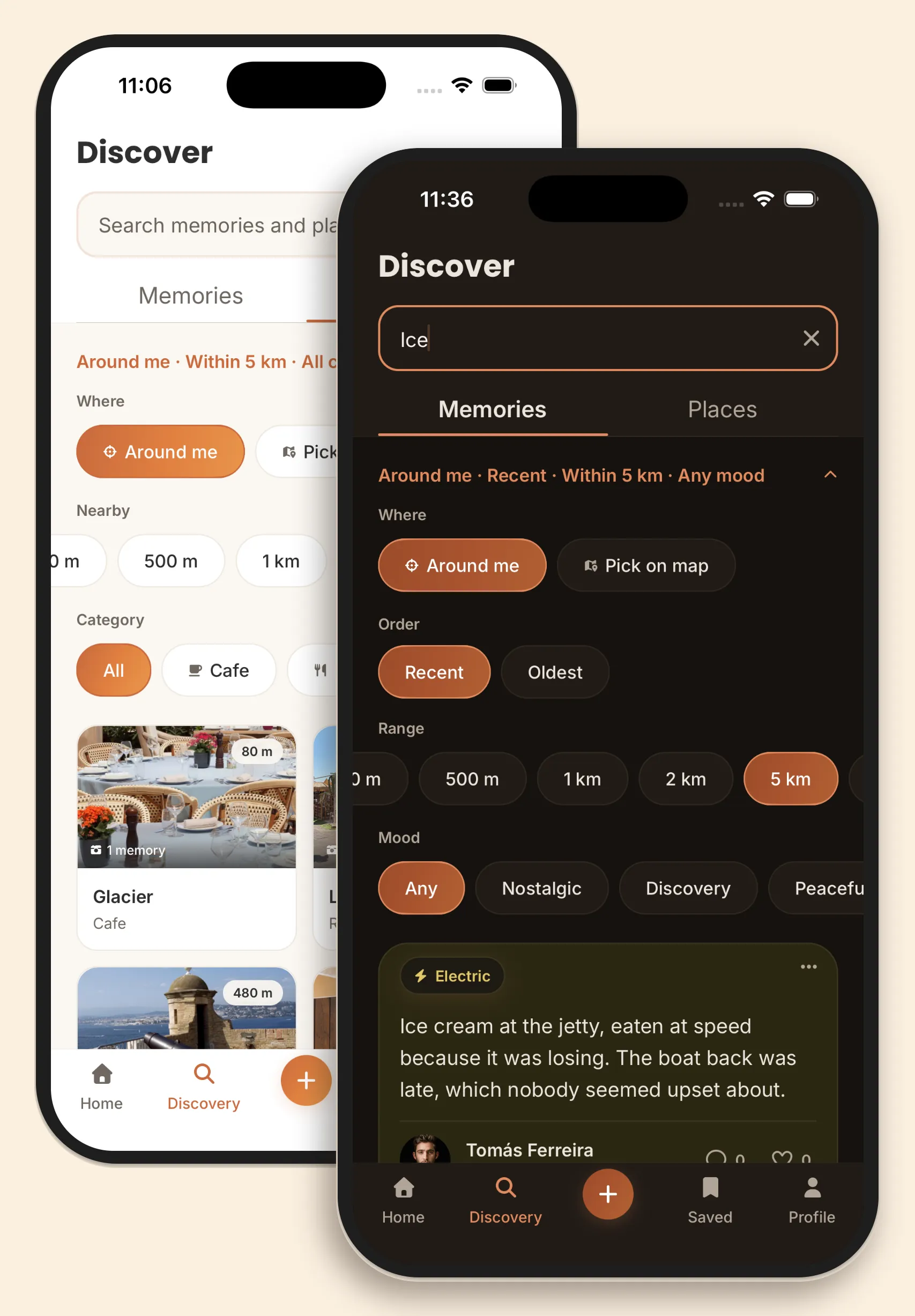 Discovery on two phones — behind, Places with the category filters and nearby place cards; in front, a dark-mode search for “Ice” with the order, range and mood filters open