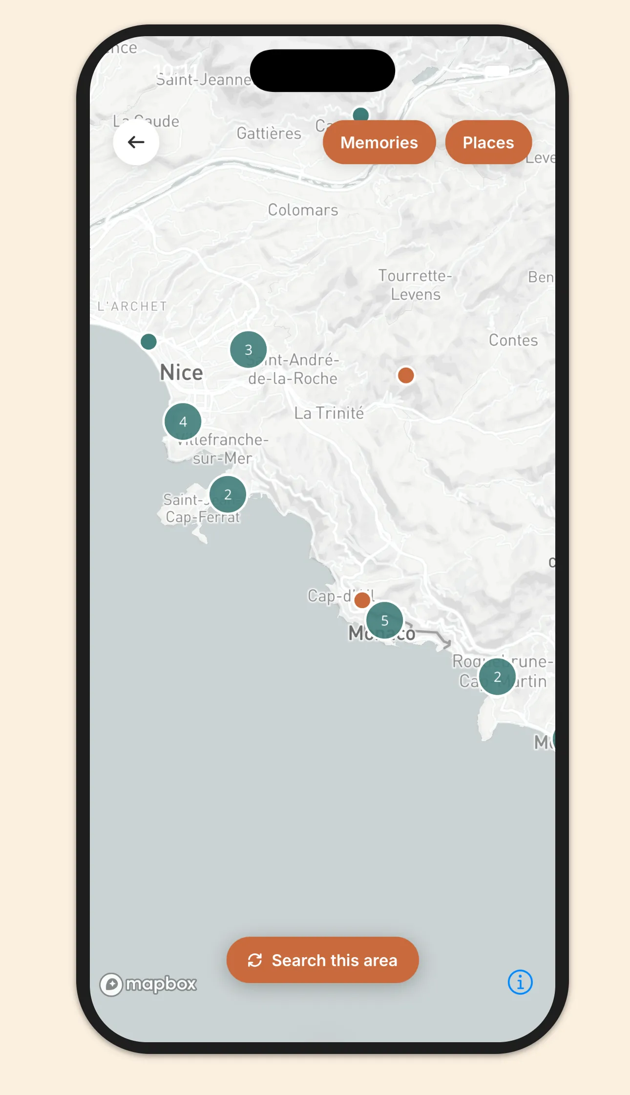 The map of the Riviera from Nice to Monaco — Memories and Places toggles at the top, terracotta memory pins, green place pins and numbered clusters, and the Search this area button