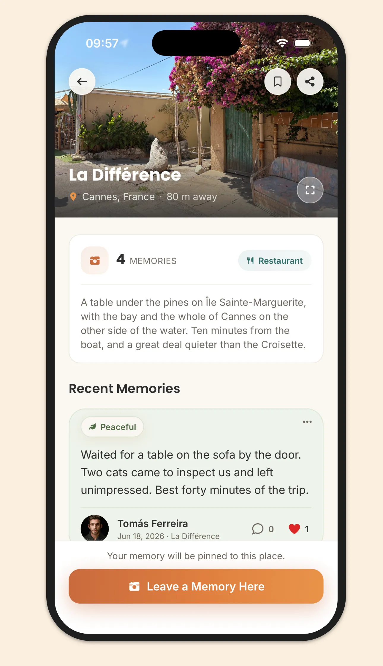 The page for La Différence in Cannes — the bougainvillea doorway, 4 memories and the Restaurant category, a short description, a Peaceful memory under Recent Memories, and the Leave a Memory Here button